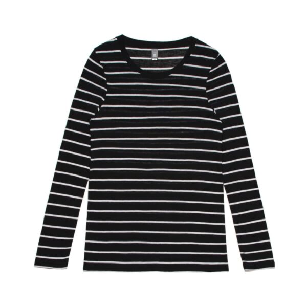 Black long-sleeve shirt with horizontal white stripes, laid flat on a white background.