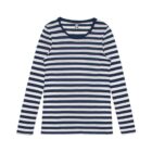 Long-sleeve shirt with navy and white horizontal stripes, laid flat.
