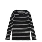 Black long-sleeve shirt with white horizontal stripes, laid flat on a white background.