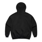 Back view of a plain black hooded sweatshirt with long sleeves.