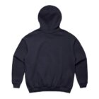 Black hoodie laid flat, shown from the back, with sleeves and hood visible.