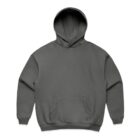 Plain dark gray hooded sweatshirt with front pocket, laid flat on a white background.