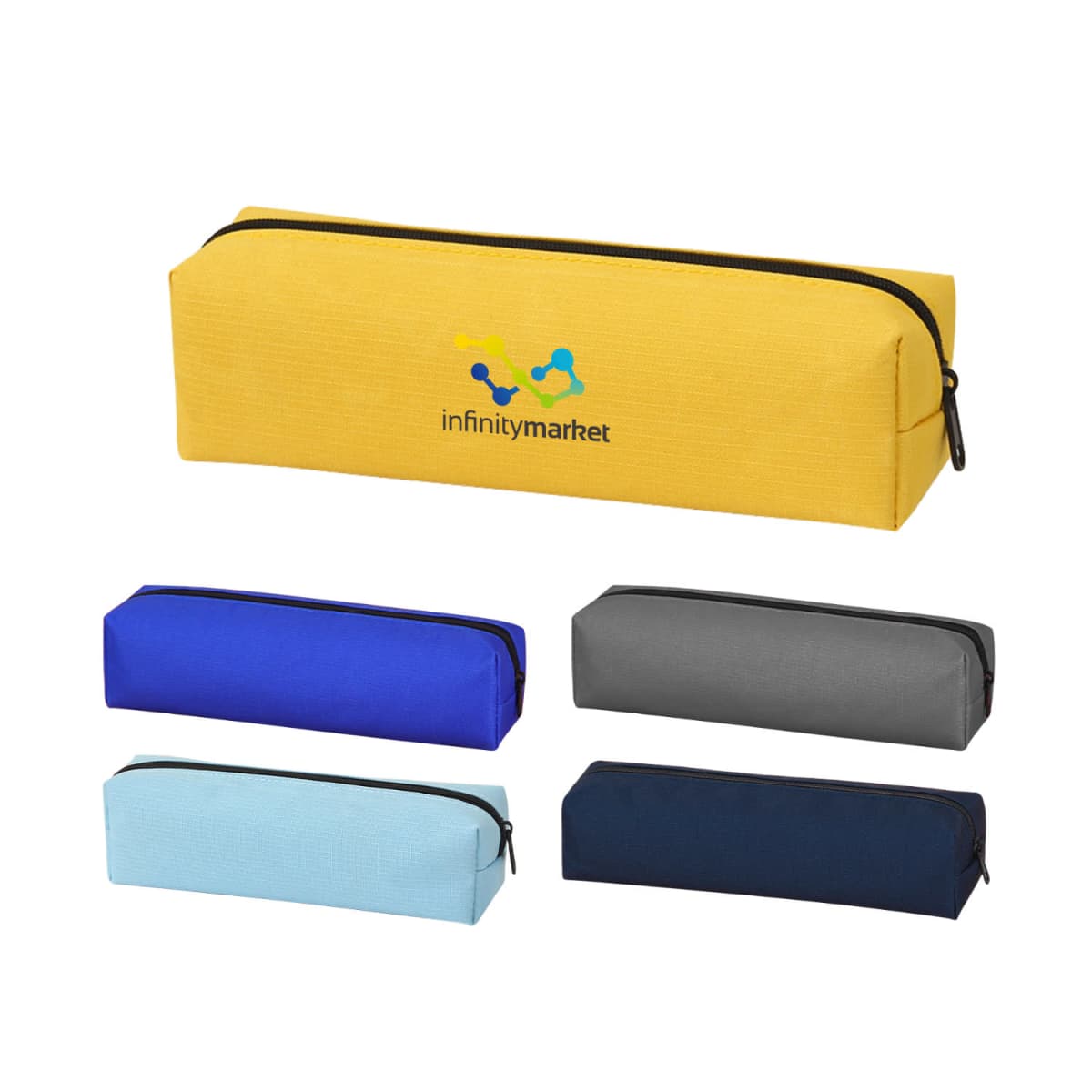 Five rectangular pencil cases in yellow, blue, gray, light blue, and navy with zippers.