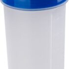 A white plastic shaker bottle with a blue lid and flip cap.
