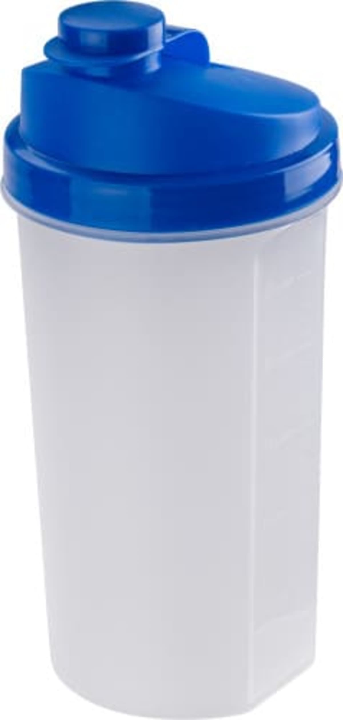 A white plastic shaker bottle with a blue lid and flip cap.