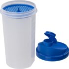 Clear plastic shaker bottle with blue lid and mixing grid, lid is placed beside the bottle.