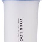 White plastic shaker bottle with a blue lid and customizable logo space on the side.