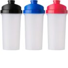 Three white shaker bottles with black, blue, and red lids standing side by side.