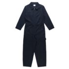 Navy blue full-body coverall with long sleeves and front zipper.