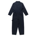 Navy blue long-sleeve coverall jumpsuit with pockets, viewed from the back.