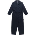 Dark blue long-sleeve coverall jumpsuit with zip front and multiple pockets, laid flat.