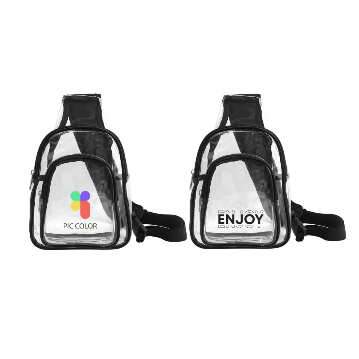 Two clear backpacks with black straps, one with a logo, the other with the word ENJOY.