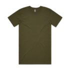 Plain olive green short-sleeve t-shirt laid flat on a white background.