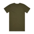 Plain olive green t-shirt laid flat, shown from the back against a white background.