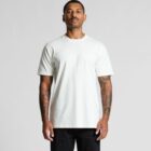 Man with tattoos wearing a plain white t-shirt and black pants, standing against a gray background.