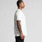 Man in a white t-shirt and black shorts standing in profile against a plain background.