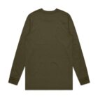 Olive green long-sleeve shirt shown flat from the back against a white background.