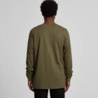 A person wearing a long-sleeve olive green shirt, seen from the back against a plain background.