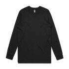 A plain black long-sleeve crew neck t-shirt laid flat on a white background.