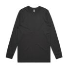 Plain black long-sleeve crew neck t-shirt laid flat on a white background.
