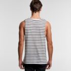 Man facing away, wearing a sleeveless white tank top with black horizontal stripes.