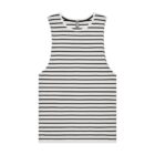 Sleeveless white tank top with black horizontal stripes, laid flat on a white background.