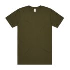 Plain olive green short-sleeve t-shirt laid flat on a white background.
