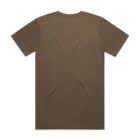 Back view of a plain brown short-sleeve t-shirt on a white background.