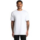 Man with tattoos wearing a plain white t-shirt and black pants, standing against white background.