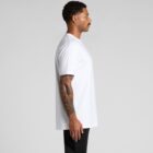 Man in a white t-shirt and black pants standing in profile against a plain background.