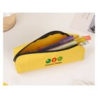 Yellow pencil case with zipper, containing colorful pens and labeled Creative Design.