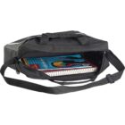 Black shoulder bag with books and notebooks partially visible inside.