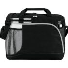 Black laptop bag with mesh pocket, holding two pens and a USB drive.
