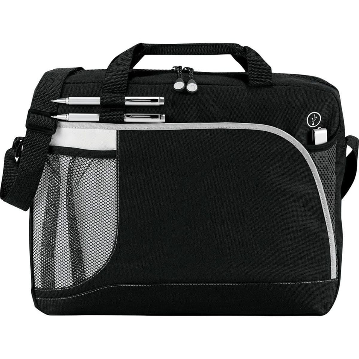 Black laptop bag with mesh pocket, holding two pens and a USB drive.