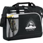 Black Swinomish Casino bag with mesh pocket holding pens and cards, logo visible.