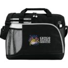 Black laptop bag with CETCO Oilfield Services logo, pens, and mesh side pocket.
