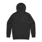 Back view of a plain dark gray hooded sweatshirt with long sleeves.