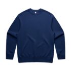 Plain navy blue crewneck sweatshirt laid flat on a white background.