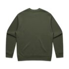 Olive green crewneck sweatshirt laid flat, showing the back side against a white background.