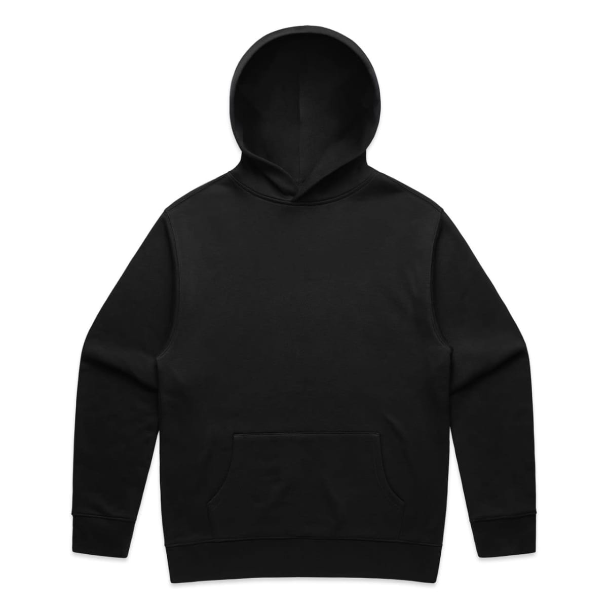 Plain black hooded sweatshirt laid flat on a white background.