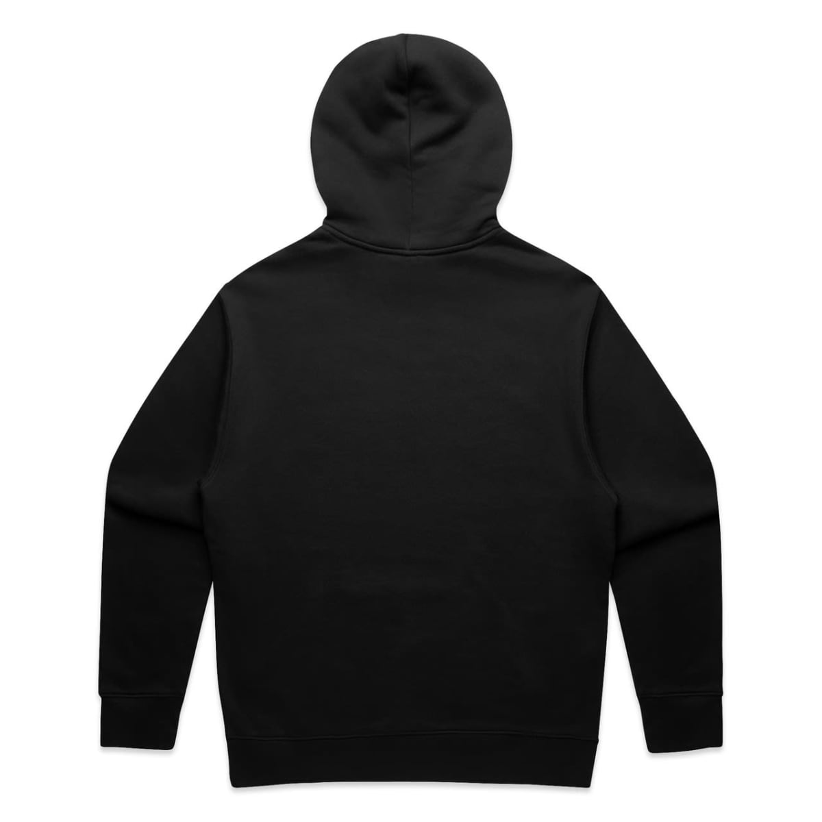 Black hooded sweatshirt shown from the back on a plain white background.