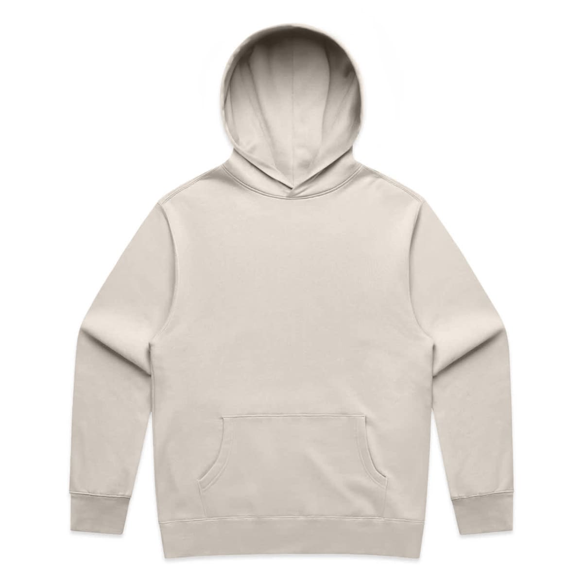 Beige hooded sweatshirt with front pocket, laid flat on a white background.