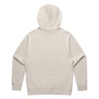 Back view of a plain, light beige hooded sweatshirt with long sleeves.