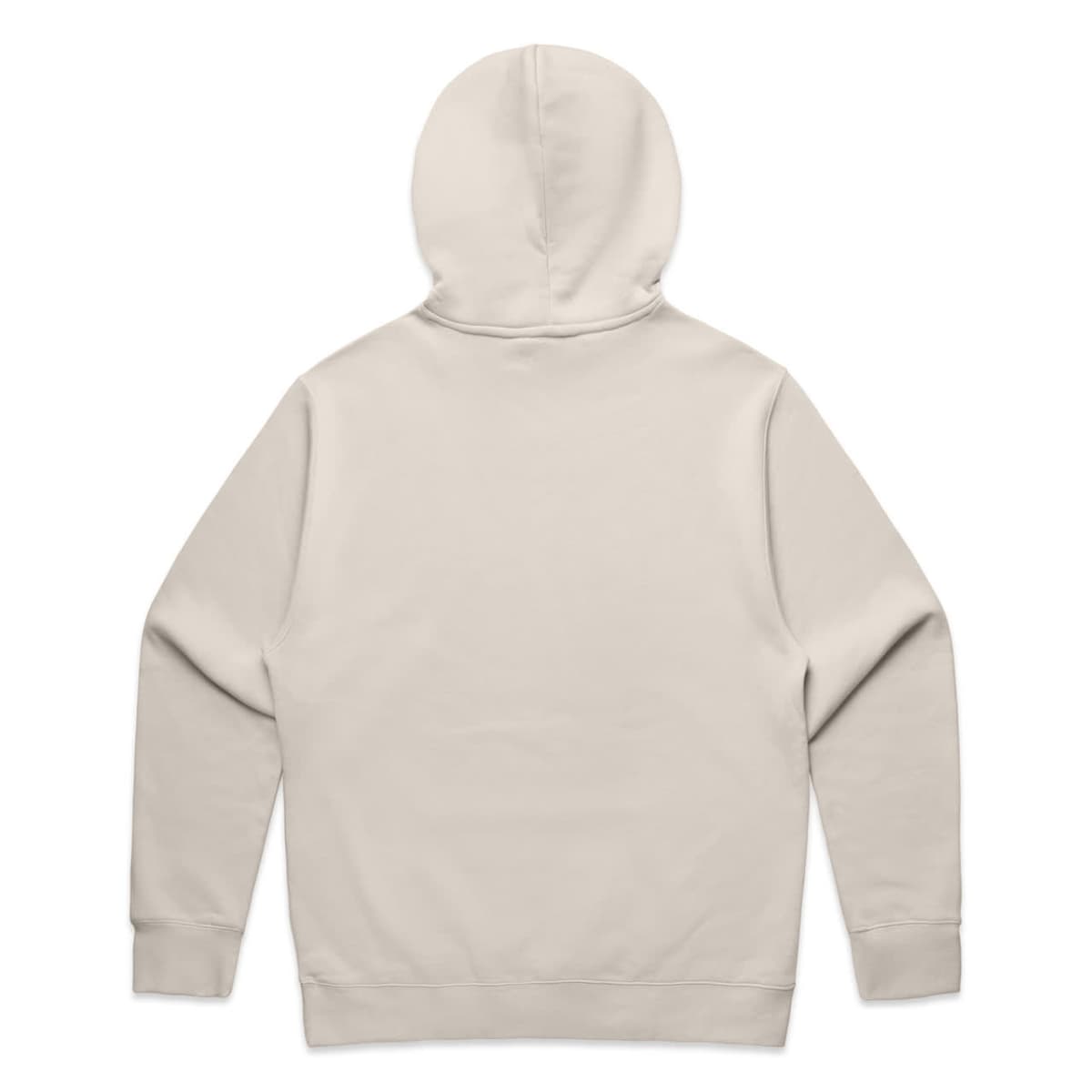 Back view of a plain, light beige hooded sweatshirt with long sleeves.