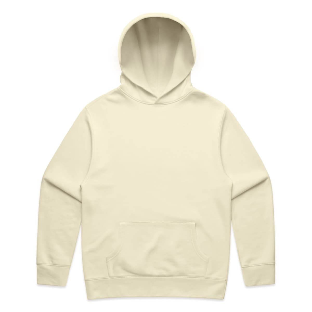 Plain cream-colored hoodie with a front pocket, shown on a white background.