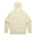 Back view of a plain, light beige hooded sweatshirt on a white background.