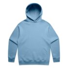 Light blue hoodie with a front pocket and hood, laid flat on a white background.
