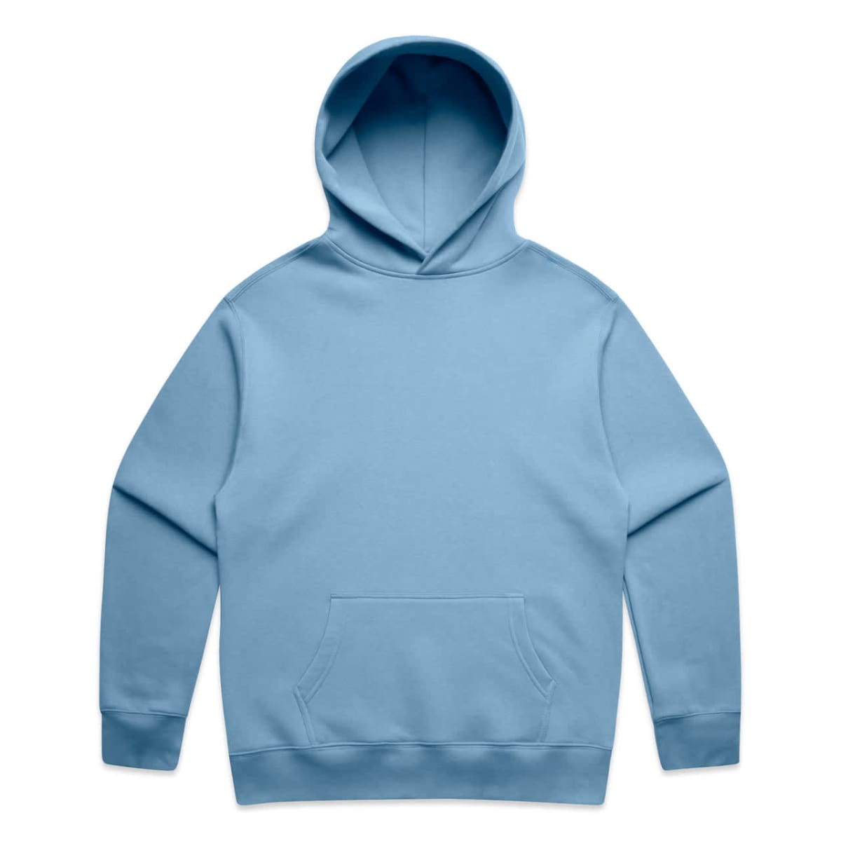 Light blue hoodie with a front pocket and hood, laid flat on a white background.