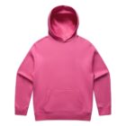 Bright pink hooded sweatshirt with front pocket, laid flat on a white background.