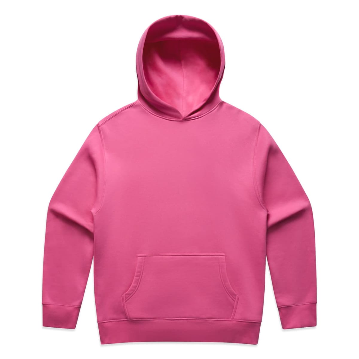 Bright pink hooded sweatshirt with front pocket, laid flat on a white background.